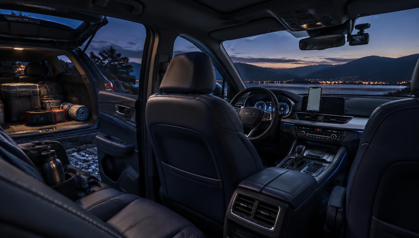 Modern vehicle interior equipped with a dash cam, phone mount, wireless charger, and organized road trip gear